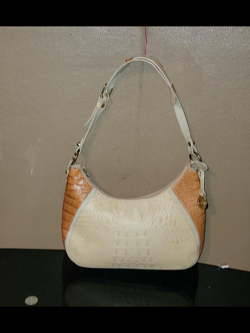 BRAHMIN Two-Tone Cream and Tan Croc-Embossed Shoulder Bag